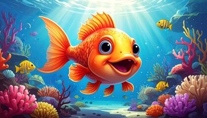 Fototapeta premium A cheerful, orange fish swims amidst a vibrant coral reef, radiating joy and color in an underwater scene.