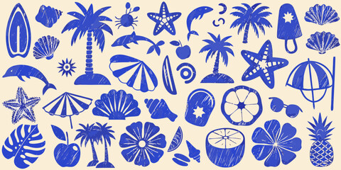 Collection of blue summer beach vacation icons and symbols on a cream background