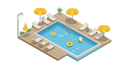 Obraz premium Isometric swimming pool with sun loungers and umbrellas