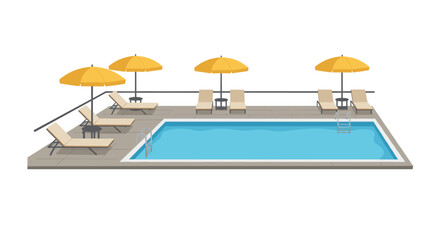 Modern poolside retreat with sun loungers and yellow umbrellas