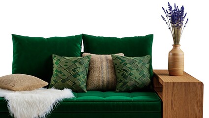 Cozy green sofa with textured pillows and dried flowers