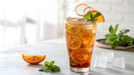 Fototapeta premium Refreshing tall glass of iced tea garnished with mint and citrus slices on a bright countertop