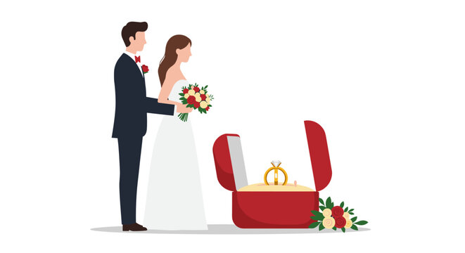 Elegant wedding scene with bride, groom, and open ring box