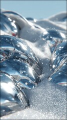 A close-up view of glistening, reflective forms, immersed in a textured, light gray substance, creating a striking visual interplay of light and shadow.
