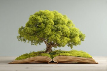 Open book with a lush green tree on the pages
