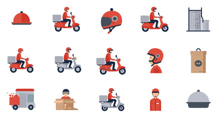 Food delivery service icons featuring scooter and helmet in flat design style