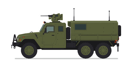 Armored military vehicle side view with weapons and equipment