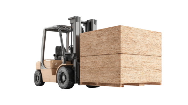 Forklift carrying a large wooden crate
