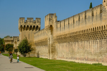 Obraz premium preserved medieval stone fortification wall and gateway, crenellations, and machicolations in Avignon, France