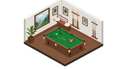 Cozy game room with isometric billiard table and accessories in a stylish interior