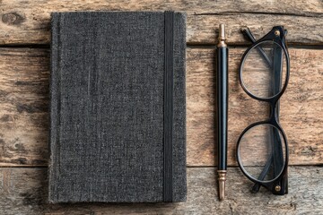 Dark gray notebook, pen, and glasses on rustic wood