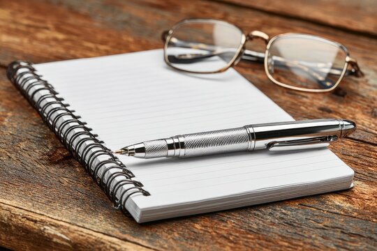 Open spiral notebook, pen, and glasses on wood