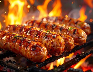grilled sausages on a barbecue grill,