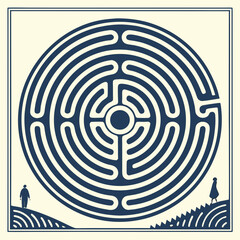 Two stylized figures approach a complex circular labyrinth with a clear path leading to the center symbolizing choices and journeys