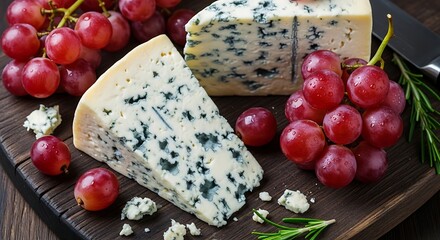 Close-up of a wedge of blue cheese with red grapes and rosemary on a wooden board.