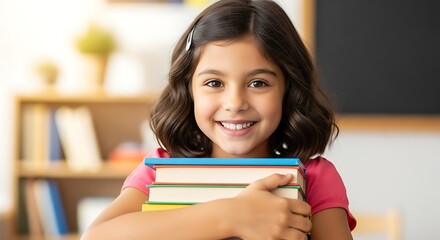 Smiling girl student holding a stack of books in classroom.