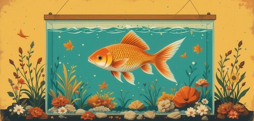 Relive the Charm of the Past with this Retro Style Goldfish Illustration, Featuring Classic Design Elements.