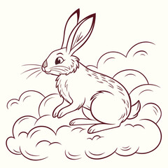 Whimsical line art illustration of a cute fluffy rabbit sitting on soft stylized clouds in a simple outline drawing style