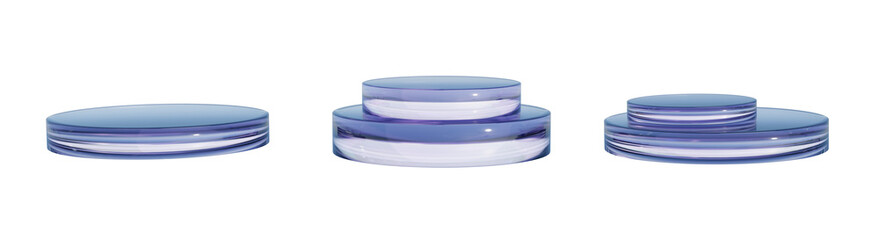 Set of 3d glass transparent clear cylinder stand podium on transparent background.  Glass shapes in blue and clear tones. Crystal circle mockup, pedestal platform for product showcase.