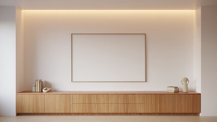 Modern living room with minimalist wooden cabinet and blank wall art space