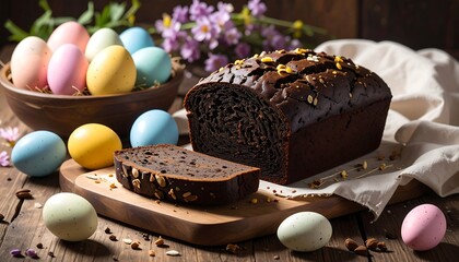 A loaf of dark chocolate bread sits beside a bowl of colorful easter eggs, creating a festive and delicious spring scene.