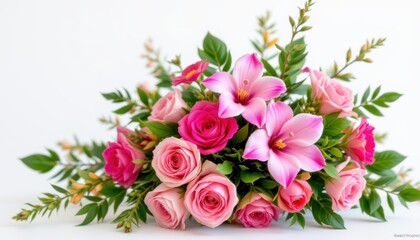 Fototapeta premium create a beautiful and vibrant floral arrangement featuring pink rose and tropical orchid flowers with green leaves, reminiscent of a nature inspired wedding backdrop