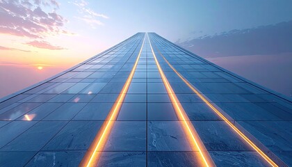 Abstract Pyramid Structure with Glowing Lines at Sunset