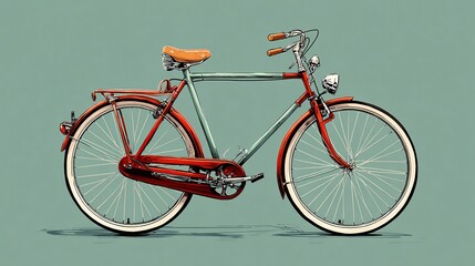 Vintage bicycle, side view, rendered in a style evocative of classic illustrations, light teal background, showcasing a bicycle with a reddish-green frame, tan seat, and red chain