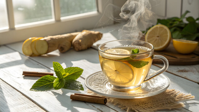 Invigorating ginger and lemon tea served in a glass cup with fresh mint and cinnamon sticks near a sunny window.