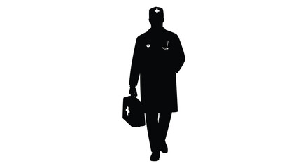 Silhouette of a doctor walking with a medical briefcase in hand
