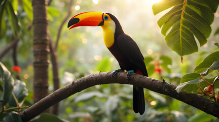 Obraz premium Vibrant Toucan Perched on Branch in Lush Tropical Jungle