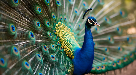 Fototapeta premium Vibrant Peacock Displaying Colorful Feathers in Natural Outdoor Setting