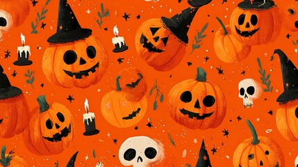 Happy spooky pumpkins with charming scary faces, tiny skulls, candles, and witch hats on orange