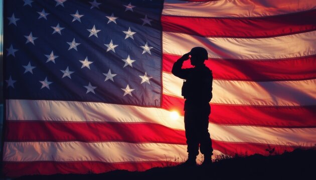 create a silhouette of a soldier saluting in front of an american flag using vivid coral tones, the image should convey the concept of military, veteran, and patriotism - Powered by Adobe
