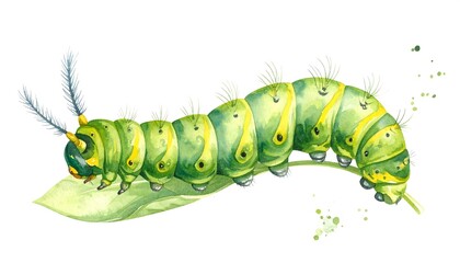 Watercolor illustration of a green caterpillar on a leaf