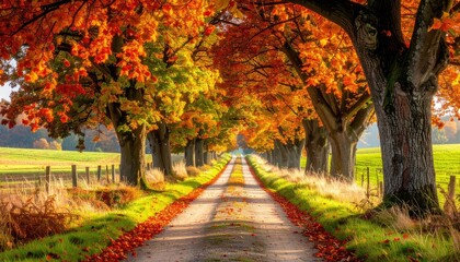 Autumn Road with Rows of Trees and Colorful Leaves Along the Path in Countryside