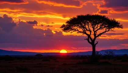 stunning sunset landscape with acacia tree silhouette in vibrant colors over savanna natures beauty and tranquility digital art, subject at the bottom with copy space at the top