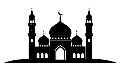 A bold, symmetrical silhouette of a mosque, showcasing its architectural details against a plain white background.