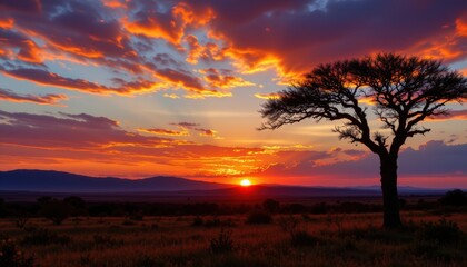 Obraz premium stunning sunset landscape with acacia tree silhouette in vibrant colors over savanna natures beauty and tranquility digital art, subject at the bottom with copy space at the top