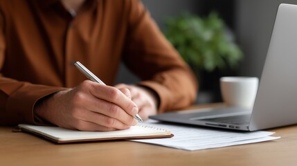 Close-up shot of a person's hands writing in a notebook with a pen next to a laptop.