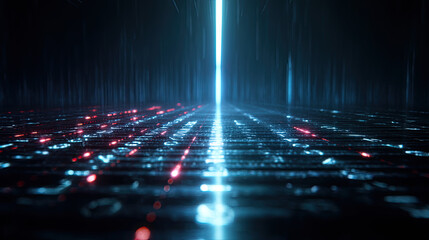 Holographic scanner line verifying data on a futuristic checksum background with glowing elements.