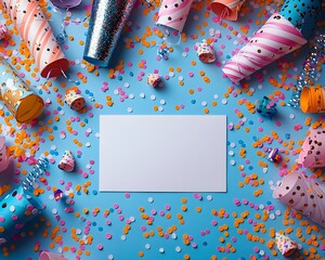 Obraz premium A blank white card surrounded by colorful confetti party poppers and streamers on a bright blue background