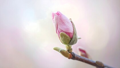 A delicate, pink magnolia bud emerges against a soft, pastel background, showcasing the promise of spring.