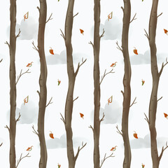 Trees, autumn forest and clouds - seamless pattern.