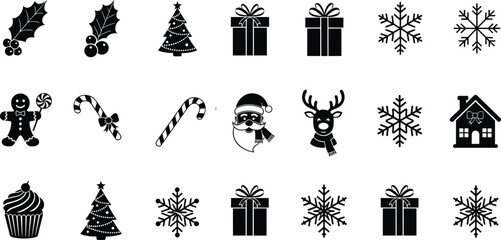 Christmas, holiday, winter, icon, tree, gift, snowflake, candy cane, gingerbread, Santa, reindeer, house, cupcake, vector, black, white, design, art, festive, seasonal