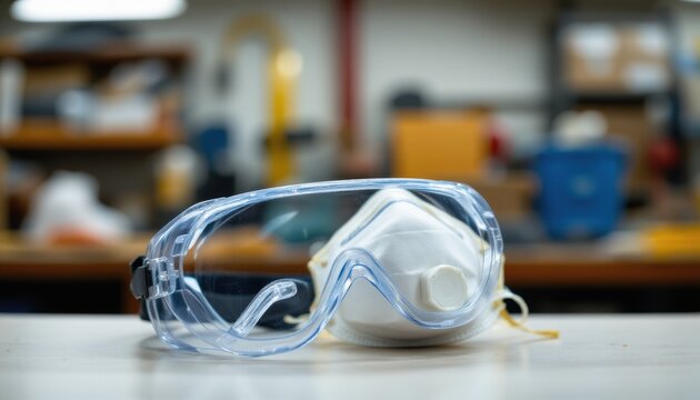 subject: safety goggles and protective mask ready for use in a workspace, a close up image of safety goggles and a protective mask resting on a surface in a well lit workspace