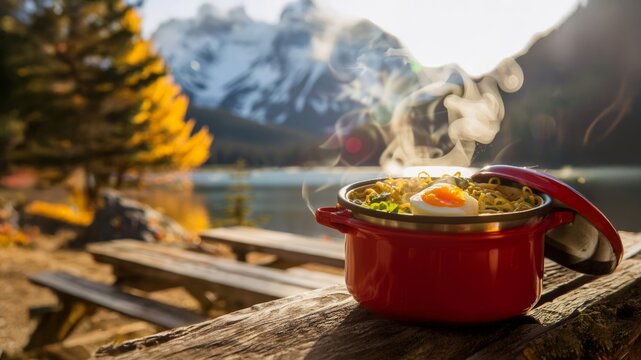 A hot, steaming pot of noodles on a picnic table, a perfect warm lunch while camping in a national park during peak autumn color with a stunning mountain view.