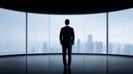 A man in a suit stands in front of a large window, overlooking a cityscape.