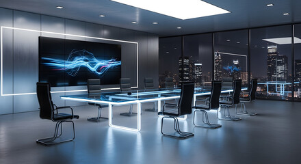 Modern, futuristic boardroom illuminated with a large screen displaying abstract blue data visualization.