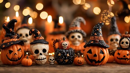 Friendly pumpkins with charming spooky faces, tiny skulls, flickering candles, and witch hats on orange